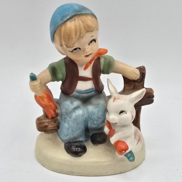Other - Vtg BOY and BUNNY Figurine with Carrots Made and‎ Hand-Painted in Postwar Japan